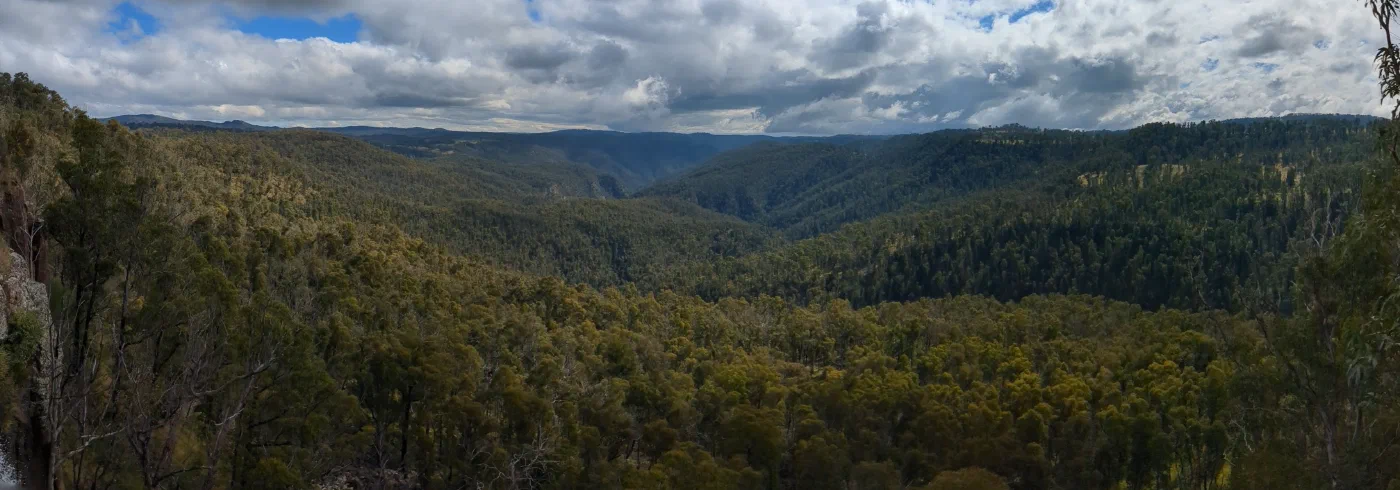 Panorama of forested valley ridgelines beneath a cloud-streaked sky
