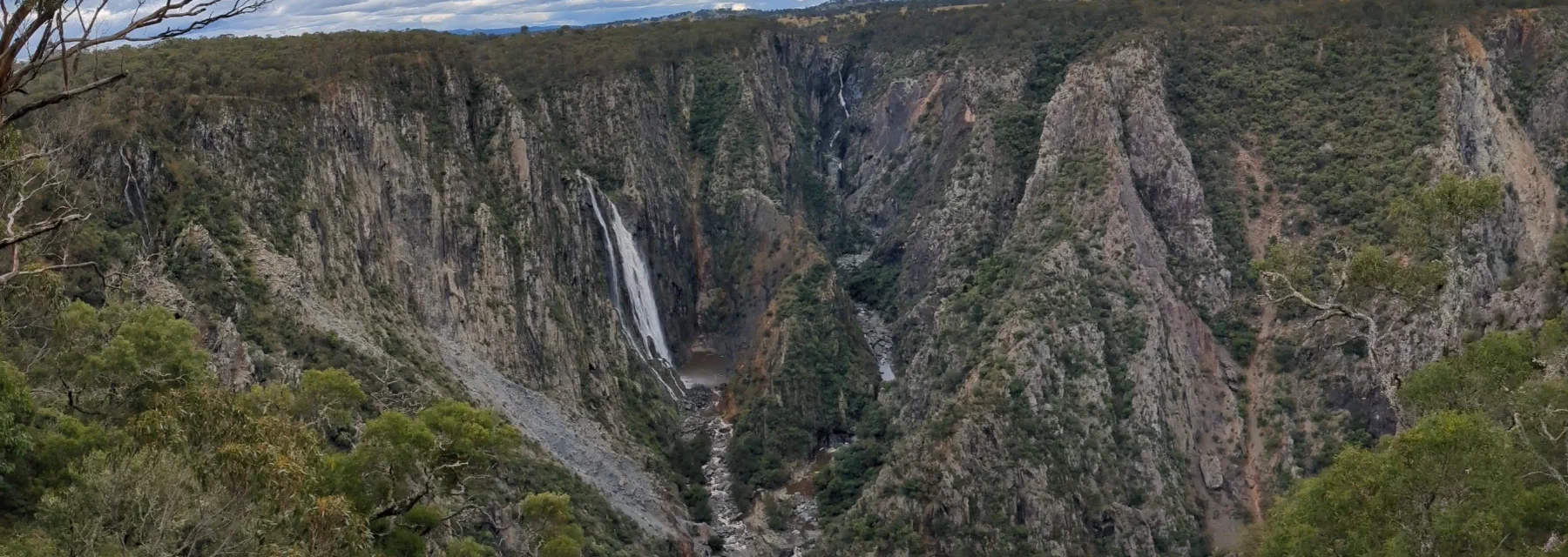 Panorama over a forested canyon and river gorge from a clifftop lookout